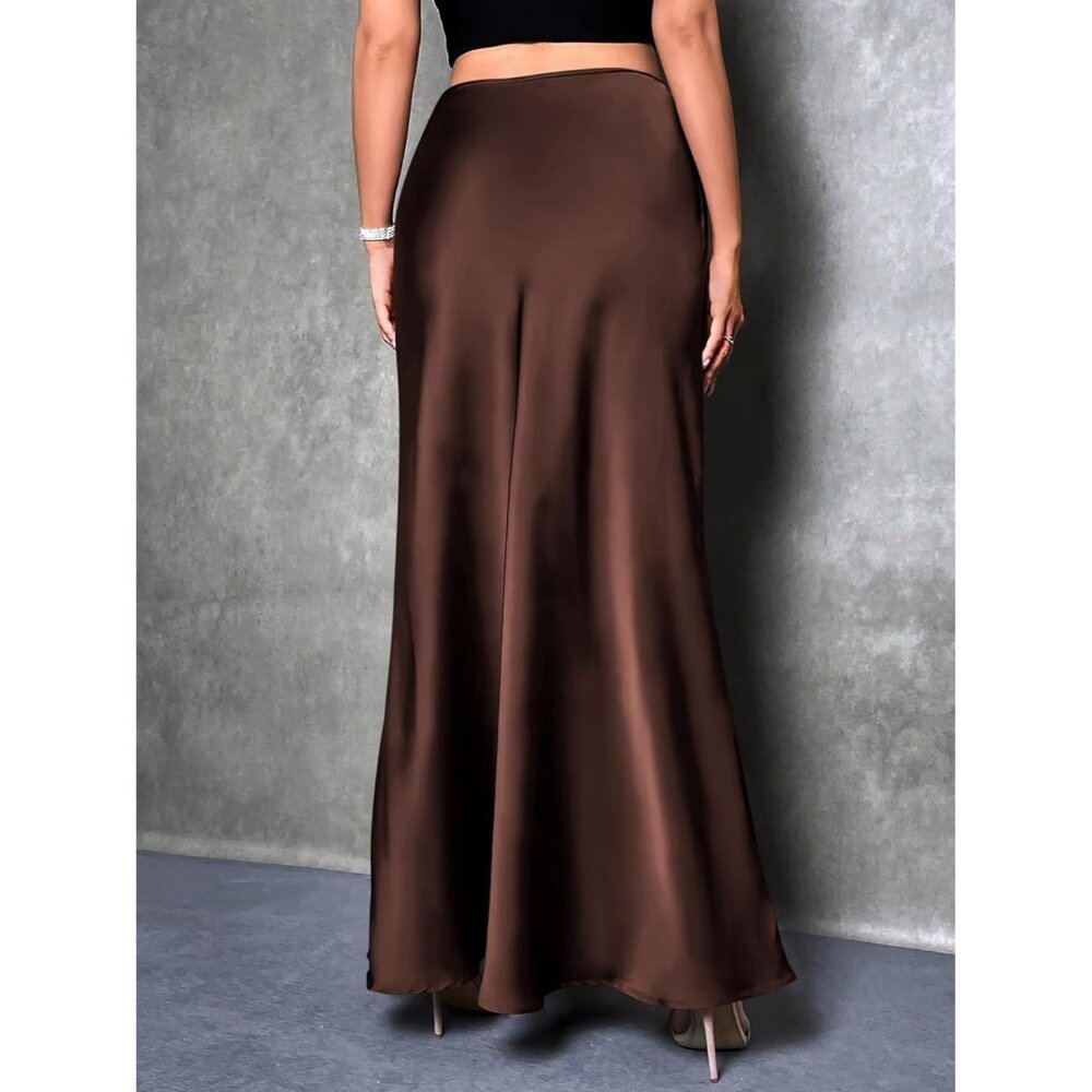 Women Deep Brown Maxi Dressy Casual Zipped High Waisted Silk Elegant Long Skirt - Picture 6 of 7